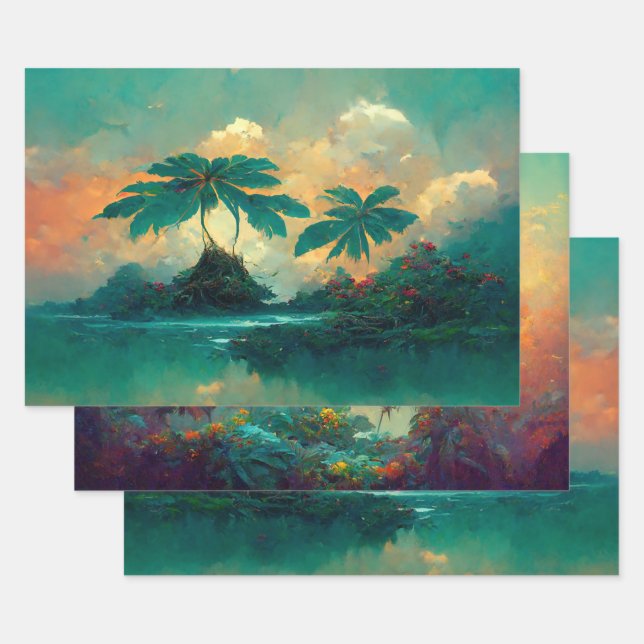 Tropical Fantasy Sea & Palm Trees Wrapping Paper Sheet (Set)