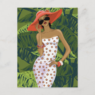 Tropical Fashionable Girl in Big Red Hat Postcard