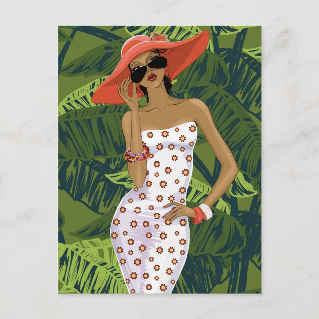 Tropical Fashionable Girl in Big Red Hat Postcard (Front)