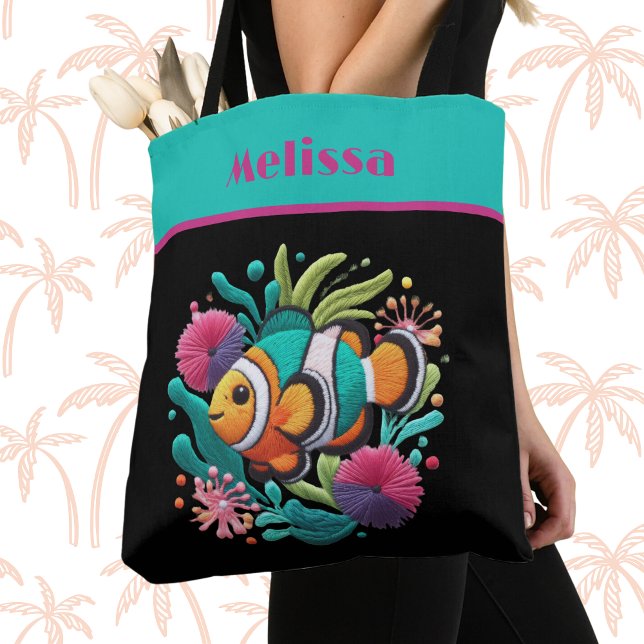 Tropical Faux Embroidery Fish Turquoise Pink Name Tote Bag (Creator Uploaded)