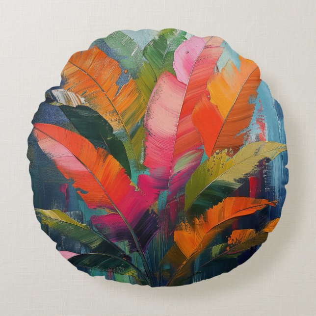 Tropical Feathers – Vibrant Botanical Abstraction Round Cushion (Front)