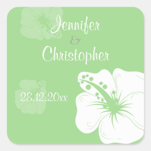 Tropical Feijoa Green and White Hibiscus Wedding Square Sticker