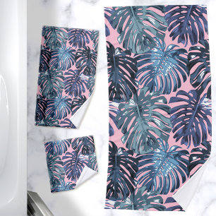 Tropical Feminine Blue Pink Jungle Leaves Bath Towel Set