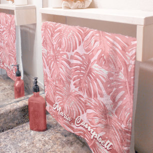 Tropical Feminine Warm Pink Monstera Leaves Name Bath Towel Set