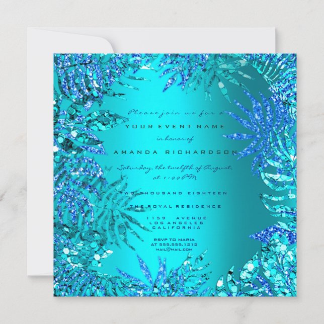 Tropical Fern Beach Ocean Blue Turquoise Glitter Invitation (Front)
