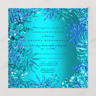Tropical Fern Beach Ocean Blue Turquoise Glitter Invitation
