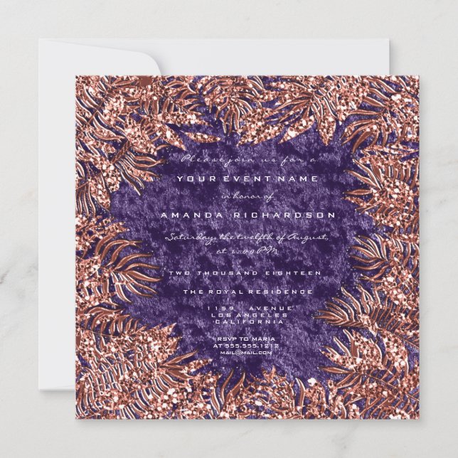 Tropical Fern Frame Metal Velvet Copper Violet Invitation (Front)