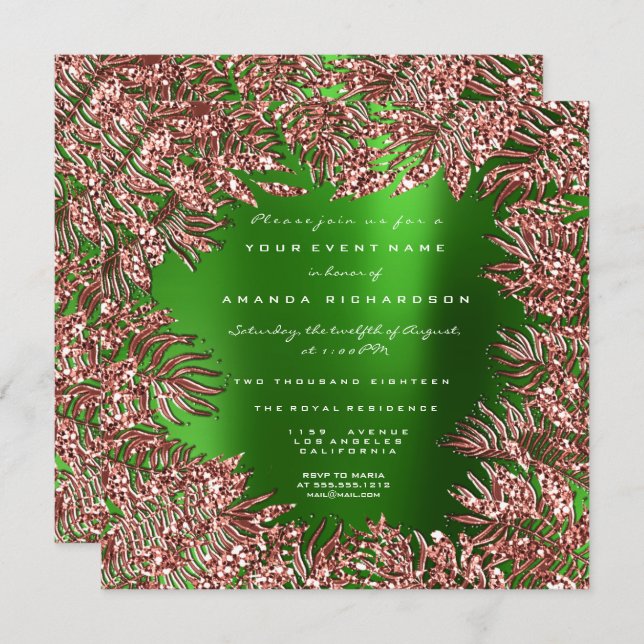 Tropical Fern Leafs Frame Rose Gold Copper Green Invitation (Front/Back)