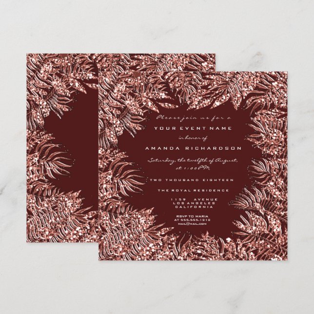 Tropical Fern Leafs Frame Rose Gold Copper Maroon Invitation (Front/Back)