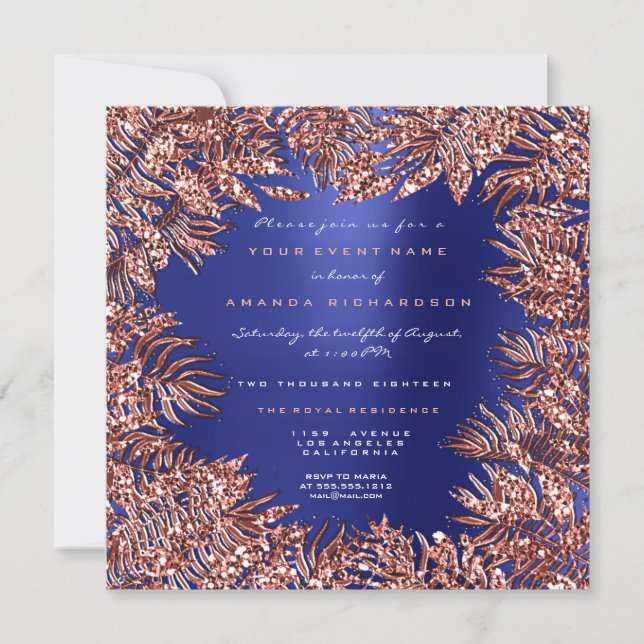 Tropical Fern Leafs Framed Rose Gold Copper Blue Invitation (Front)