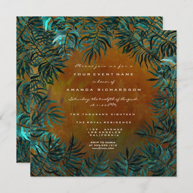 Tropical Fern Leafs Framed Teal Aquatic Honey Gold Invitation (Front/Back)