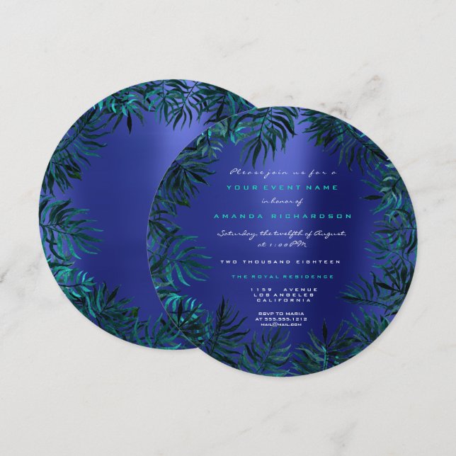 Tropical Fern Leafs Framed Teal Aquatic Indigo Blu Invitation (Front/Back)
