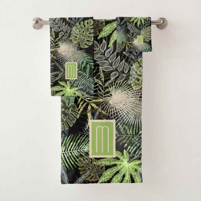 Tropical Ferns Green Monogram Bath Towel Set (Insitu)