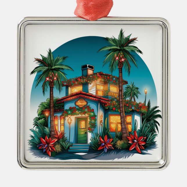 TROPICAL FESTIVE CHRISTMAS BEACH HOUSE METAL TREE DECORATION (Front)