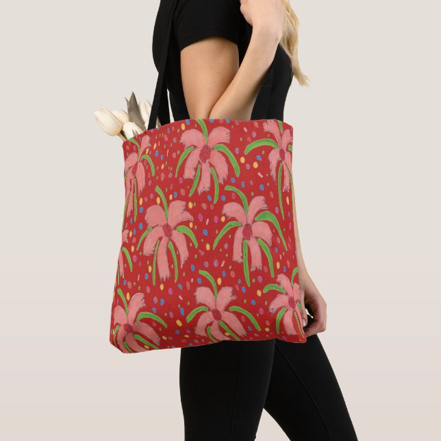 Tropical Fiesta Flowers Red Tote Bag (Close Up)