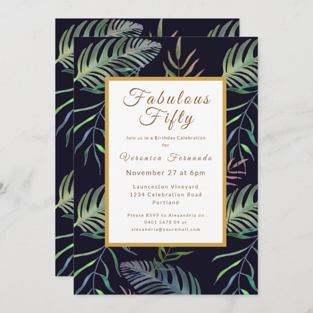 Tropical fiftieth green gold birthday party invitation (Front/Back)