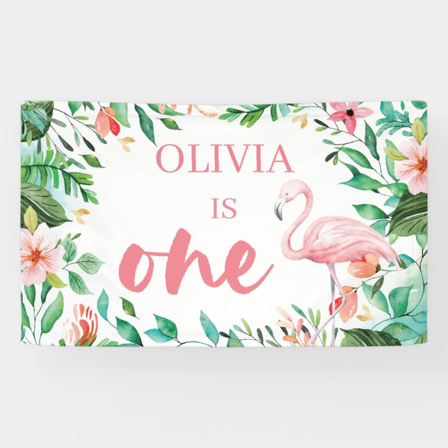 Tropical first birthday luau flamingos banner (Horizontal)