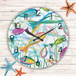 Tropical Fish Blue Orange Modern Illustration Large Clock<br><div class="desc">Beautiful,  illustrated,  colorful illustrated fish swimming. Perfect a beach house! Make the background a color if you like or change the numbers to a different color. Please message me with any questions or use Zazzle's Designer help.</div>