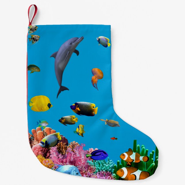 Tropical fish & dolphin blue Christmas stocking (Front)