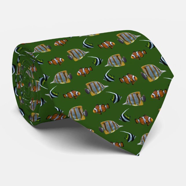 Tropical Fish Frenzy Tie Double Sided (Dark Green) (Rolled)