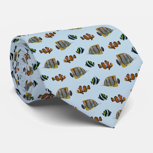 Tropical Fish Frenzy Tie Double Sided (Light Blue) (Rolled)