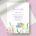 Tropical Fish Girl Birthday Party Watercolor Invitation<br><div class="desc">This tropical girl birthday party invitation features your child's name set in a stylish hand lettered script typography in a vibrant colourful pink with event details in a charcoal grey classic serif font on a crisp white background with a bottom boarder of my hand painted watercolor tropical fish, starfish, sea...</div>