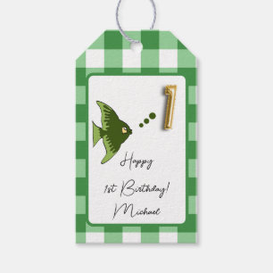 Tropical Fish, Green Gingham Happy 1st Birthday Gift Tags