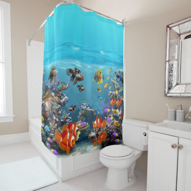 TROPICAL FISH IN THE OCEAN. FISH TANK.  AQUARIUM. SHOWER CURTAIN (In Situ)