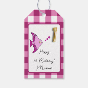 Tropical Fish, Magenta Gingham Happy 1st Birthday Gift Tags