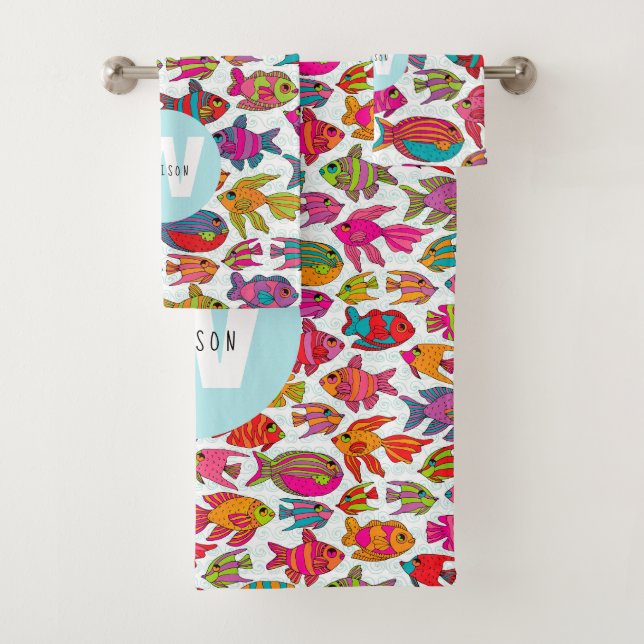 Tropical Fish Monogrammed Name Bath Towel Set (Insitu)