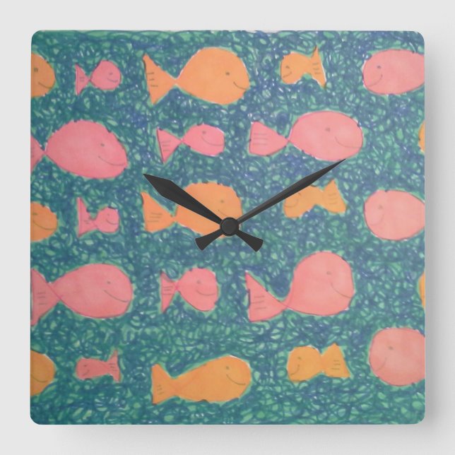 Tropical Fish Painted Pattern Square Wall Clock (Front)