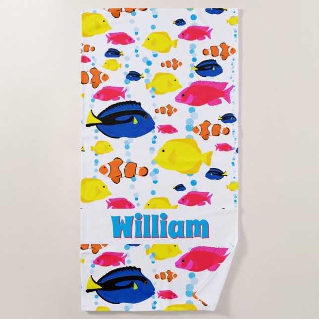 Tropical Fish Personalised Boys Fun Bright Colour Beach Towel (Front)