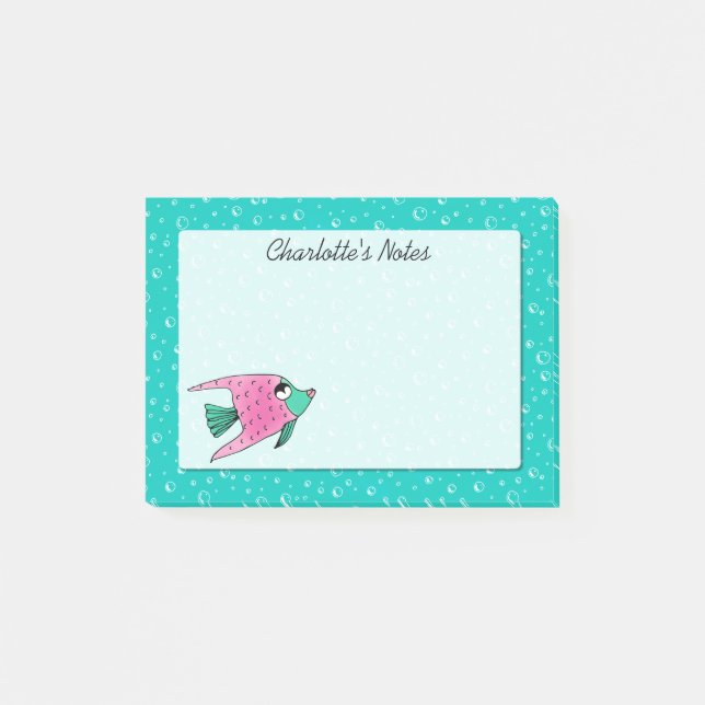 Tropical Fish Pink and Teal Personalised Post-it Notes (Front)