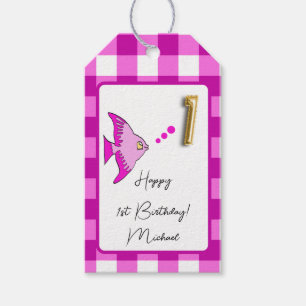Tropical Fish, Pink Gingham Happy 1st Birthday Gift Tags