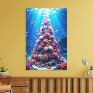 Tropical Fish Swimming Around Christmas Coral Tree Canvas Print