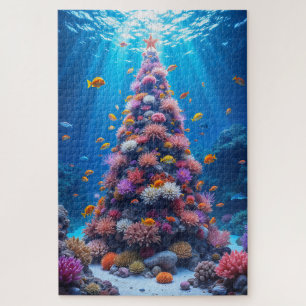 Tropical Fish Swimming Around Christmas Coral Tree Jigsaw Puzzle