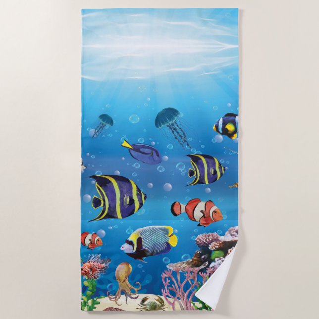 Tropical Fish swimming Seabed Beach Towel (Front)