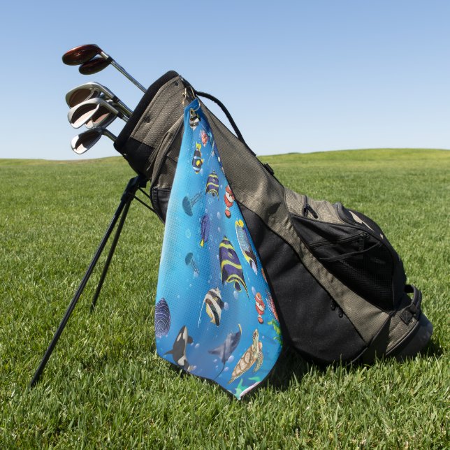 Tropical Fish swimming Seabed Golf Towel (Green)