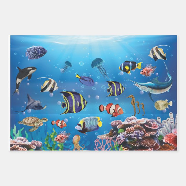 Tropical Fish swimming Seabed Wrapping Paper Sheet (Front)