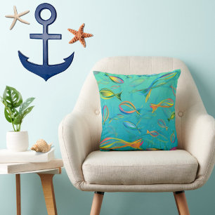 Tropical Fish Underwater Teal Modern Illustration Cushion