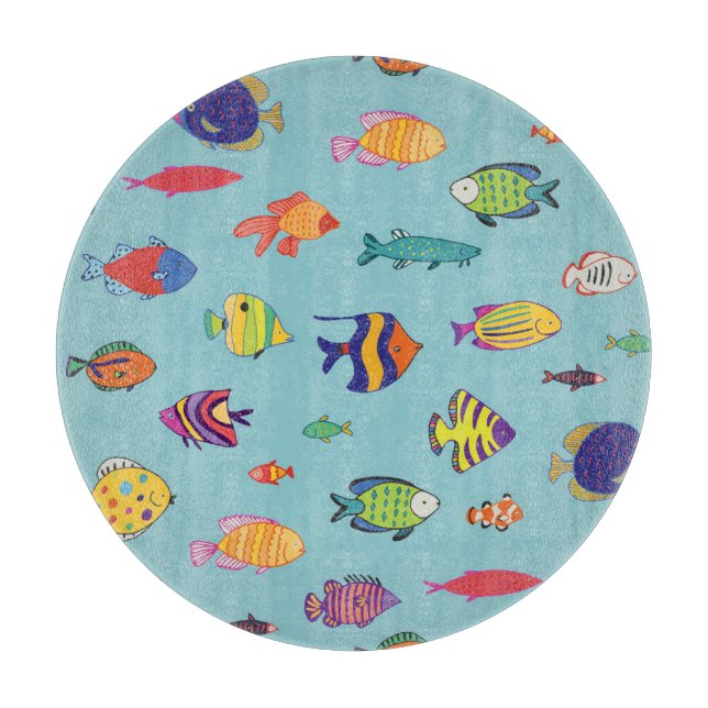 Tropical fish, vintage line pattern cutting board (Front)