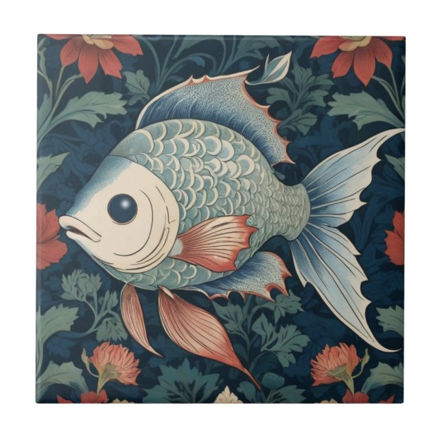 Tropical Fish William Morris style Aquatic Marine Tile (Front)