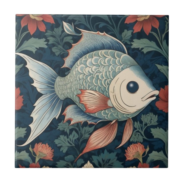 Tropical Fish William Morris style Ocean Sea Life Tile (Front)