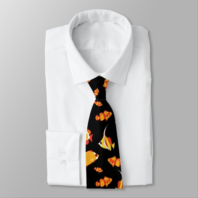 Tropical Fishes Swimming Red, Orange Ocean Pattern Tie (Tied)