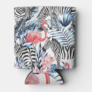 Tropical Flair: Flamingo Zebra Paradise Can Cooler