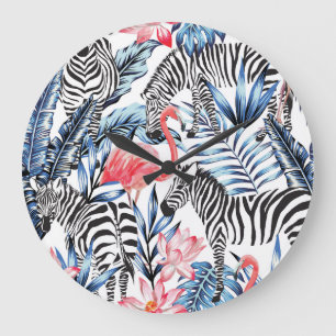 Tropical Flair: Flamingo Zebra Paradise Large Clock