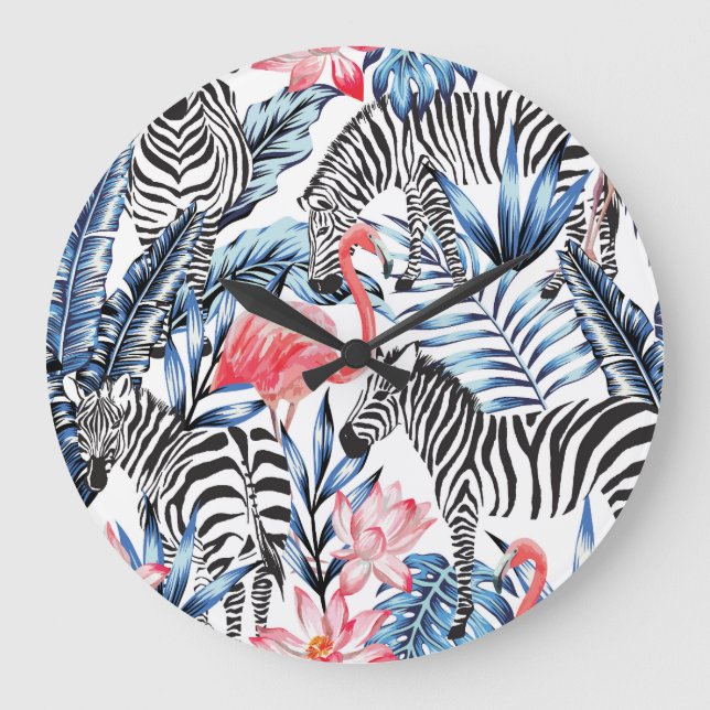 Tropical Flair: Flamingo Zebra Paradise Large Clock (Front)