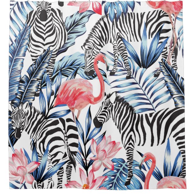 Tropical Flair: Flamingo Zebra Paradise Shower Curtain (Front)