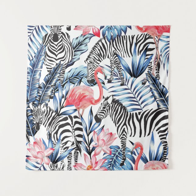 Tropical Flair: Flamingo Zebra Paradise Tapestry (Front)