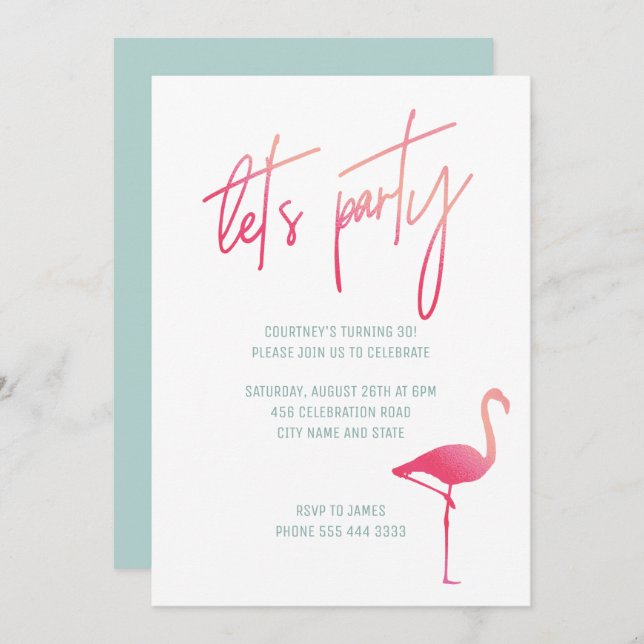 Tropical flamingo 30th birthday pink & mint invite (Front/Back)